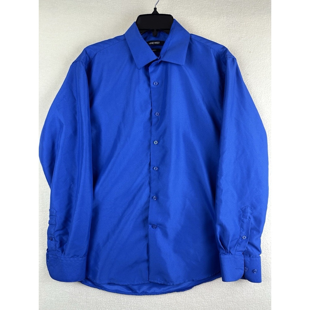 Nine West Blue Dress Shirt Mens L 16-16.5 Slim Fit Silk Feel Long Sleeve
